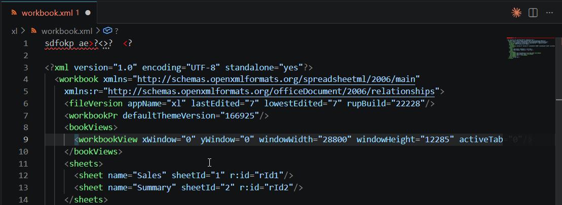 VS Code with red underline error highlighting on malformed XML
