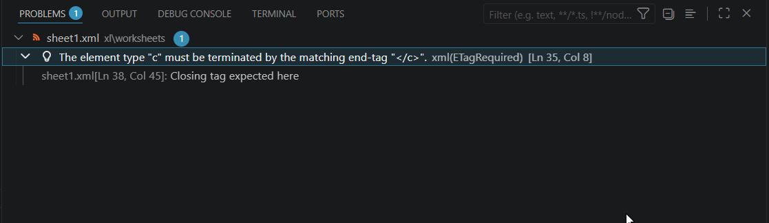 VS Code Problems panel listing all XML parse errors with file name, line number and column