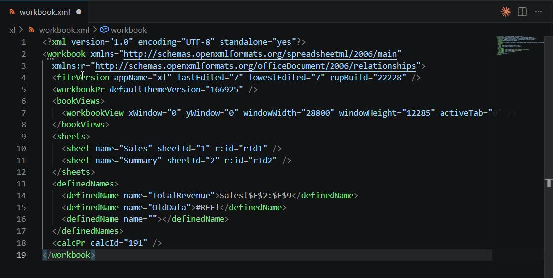workbook.xml open in VS Code with formatted XML structure and syntax highlighting