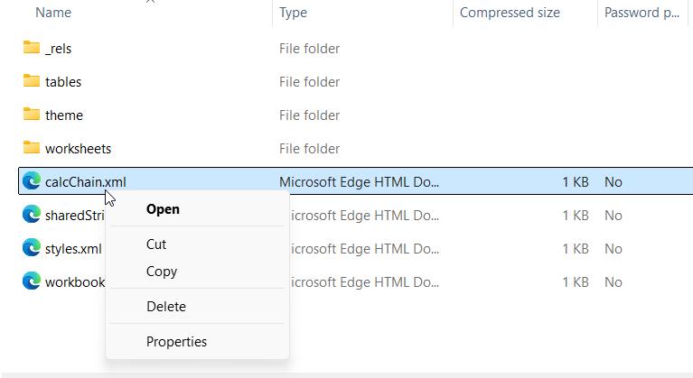 Right-clicking an XML file inside the open ZIP and choosing Copy