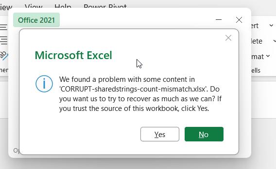 Excel dialog: We found a problem with some content — do you want us to recover as much as we can?