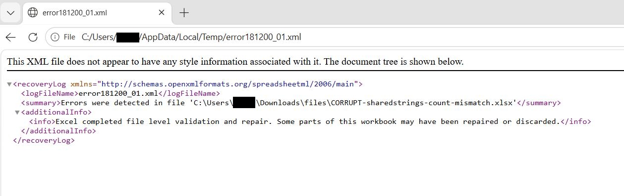 Excel repair log XML file open in a browser showing removed parts with part names and descriptions