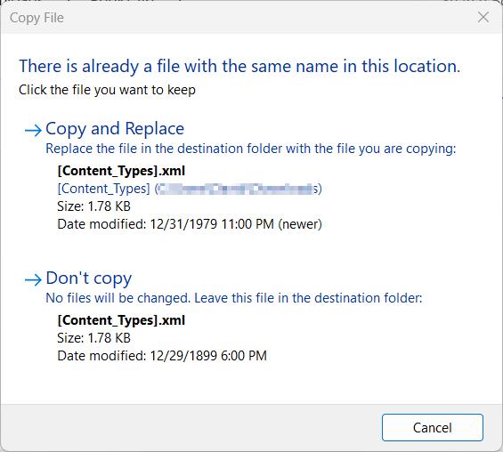 Dragging the edited XML file back into the xl folder inside the open ZIP, with Replace confirmation dialog
