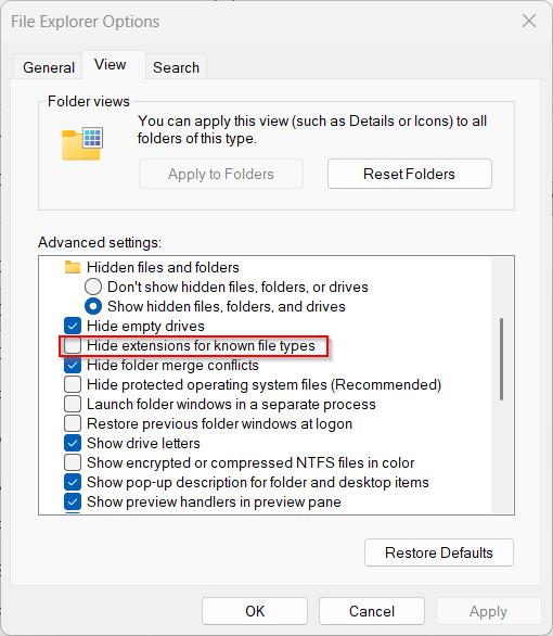 Windows Explorer View menu with File name extensions checkbox highlighted
