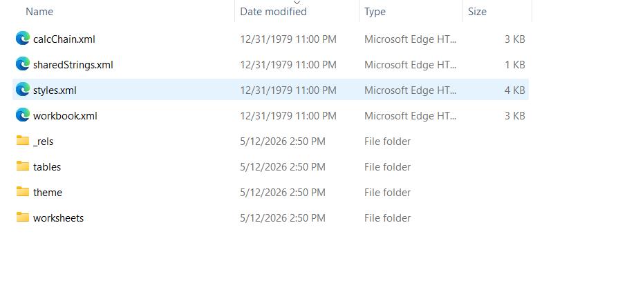 Contents of the xl folder: workbook.xml, sharedStrings.xml, styles.xml, worksheets/ and theme/