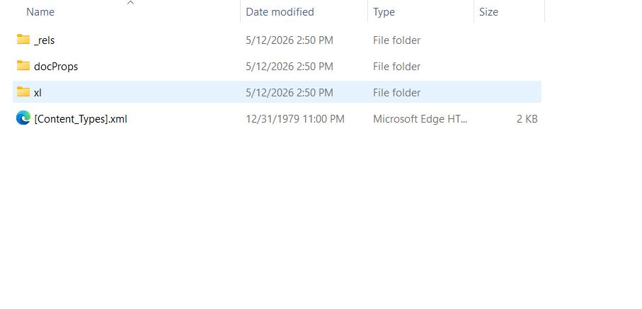 ZIP file opened in Windows Explorer showing [Content_Types].xml, _rels, docProps, and xl folders